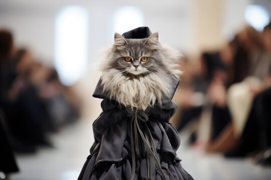 Cat in trendy clothes on the fashion catwalk