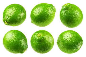 Lime isolated set. Collection of limes from different angles on a transparent background.