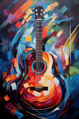 Abstract Painting of an Acoustic Guitar in Warm Orange and Blue Tones, a Visual Melody - obrazy, fototapety, plakaty