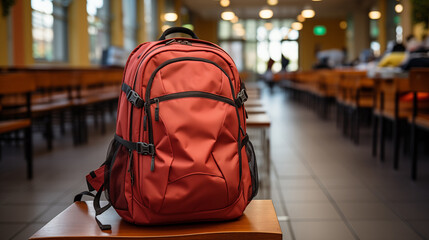 School backpack on the bench nearby a school, concept of education	