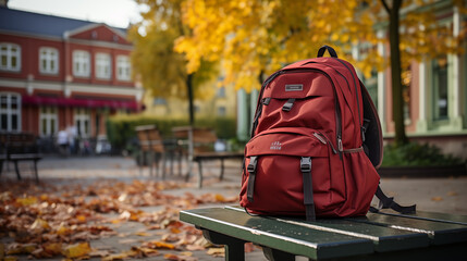 School backpack on the bench nearby a school, concept of education	