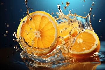 Juicy oranges fall with splashes into the water on a blue background