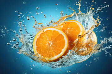 Cut oranges and splashing water