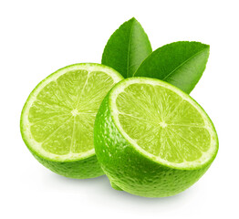 Lime isolated. Two halves of ripe lime with leaves on a transparent background.