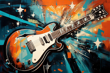 Abstract Painting of an Electric Guitar in Warm Orange and Blue Hues  a Visual Sonata - obrazy, fototapety, plakaty