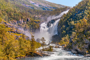 Nyastølfossen the second waterfall in the Husedalen valley - obrazy, fototapety, plakaty