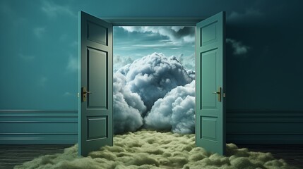 Fluffy clouds behind an open door