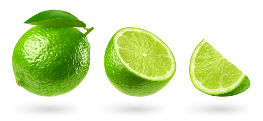 Lime isolated set. Collection of ripe lime, half and piece of lime on a transparent background. Fruit levitation.