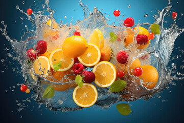 Fruits multivitamin in water splash