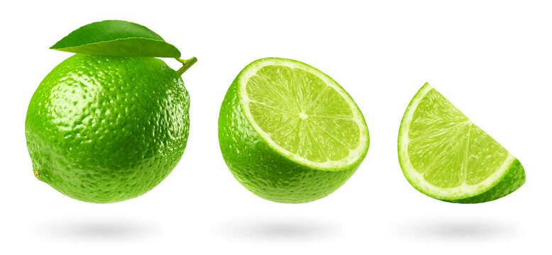 Lime isolated set. Collection of ripe lime, half and piece of lime on a transparent background. Fruit levitation.