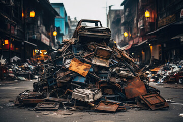 Stack of garbage, scrap metal in the warehouse - Powered by Adobe