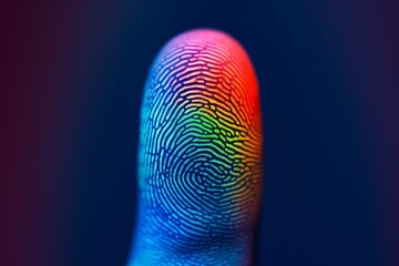 colorful fingerprint leaning on control glass for biometric scan. concept of surveillance and security through human fingerprints in the future of digital technology. - Powered by Adobe