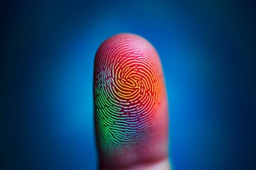 colorful fingerprint leaning on control glass for biometric scan. concept of surveillance and security through human fingerprints in the future of digital technology.