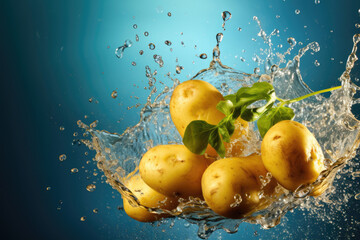 Fresh potatoes splashing in water - Powered by Adobe