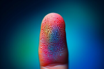 colorful fingerprint leaning on control glass for biometric scan. concept of surveillance and security through human fingerprints in the future of digital technology.