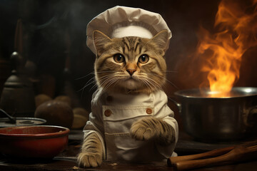 Funny cat cook cooking in the kitchen
