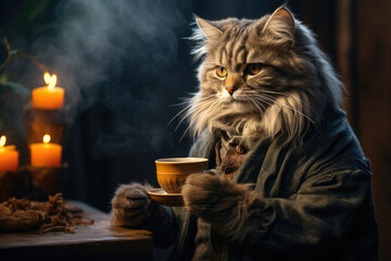 Funny cat with a cup of tea or coffee in a bathrobe