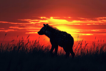 A hyena against the backdrop of a vibrant sunset