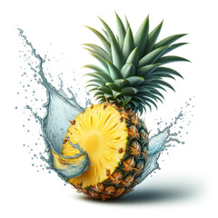 Pineapple in water splash, isolated on white background. 3d illustration.