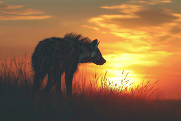 A hyena against the backdrop of a vibrant sunset