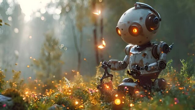 Robot picking flowers in wildflower field. AI face profile. Artificial intelligence in humanoid head take in hand artificial robotic flower. Sci-fi future concept. Computer neural network learns world