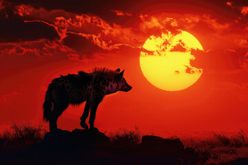 A hyena against the backdrop of a vibrant sunset