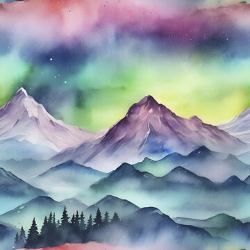 Watercolor of Aurora over the Mountain painting with Rubbing Alcohol technique. 