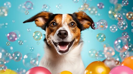 Satisfied dog on a colored background among soap bubbles.Bright dog on a bright background - obrazy, fototapety, plakaty