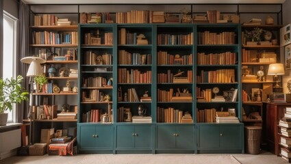 photo of an office room in a classic style with a large bookcase made by AI generative - obrazy, fototapety, plakaty
