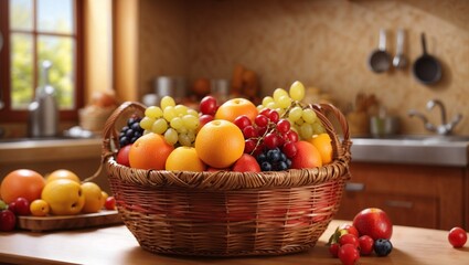 Photo of baskets of fresh fruits in the kitchen made by AI generative