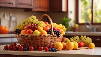 Photo of baskets of fresh fruits in the kitchen made by AI generative