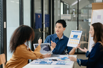  UX developer and ui designer brainstorming about mobile app interface wireframe design with...