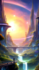 Advanced futuristic city situated beside the nature - obrazy, fototapety, plakaty