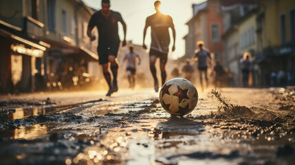 The aesthetics of backyard soccer, mud, ball - obrazy, fototapety, plakaty