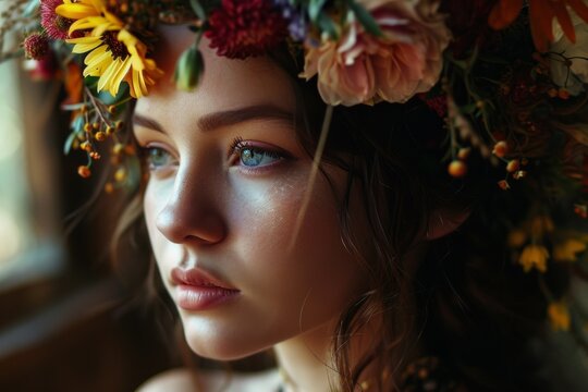 Portrait of beautiful caucasian young woman with wildflowers in her dark hair. Concepts: beauty, skin, health, spa, cosmetology, makeup, fashion, perfumery, rejuvenation