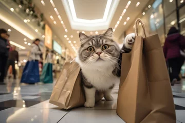 Tuinposter A white and grey cat in the supermarket is holding craft paper shopping bags and looks in the camera © Darya Lavinskaya
