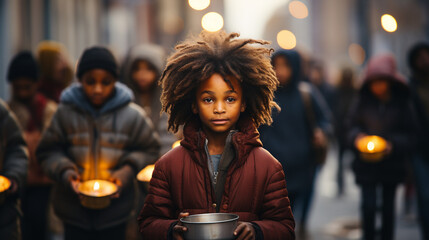 African poor homeless sad children are standing in line to get food - obrazy, fototapety, plakaty