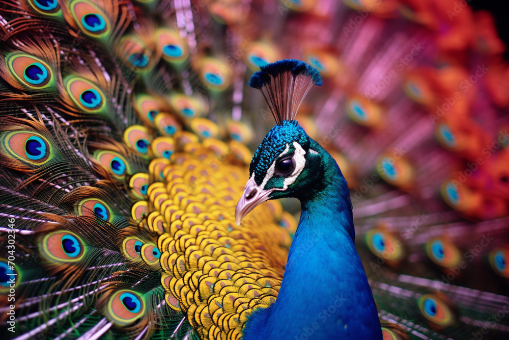 Poster a peacock with abstract plumes of vibrant, multicolored patterns.