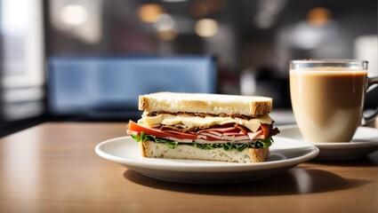 photo of a plate of sandwiches and a glass of drink for breakfast made by AI generative