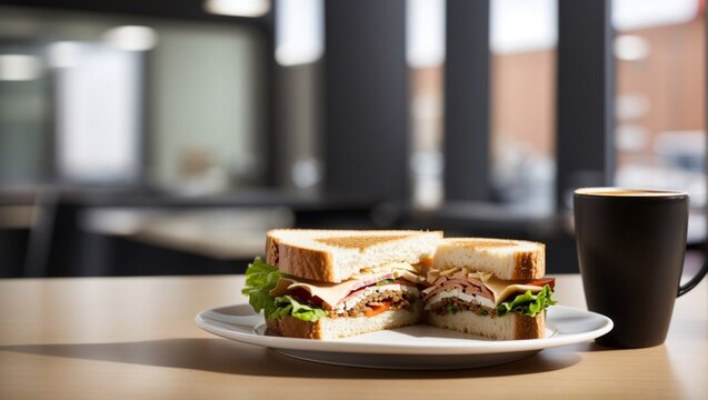 photo of a plate of sandwiches and a glass of drink for breakfast made by AI generative