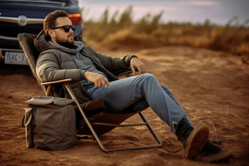 Obraz premium Man resting sitting in a camping chair drinking a glass of coffee, near an SUV parked in the grassland