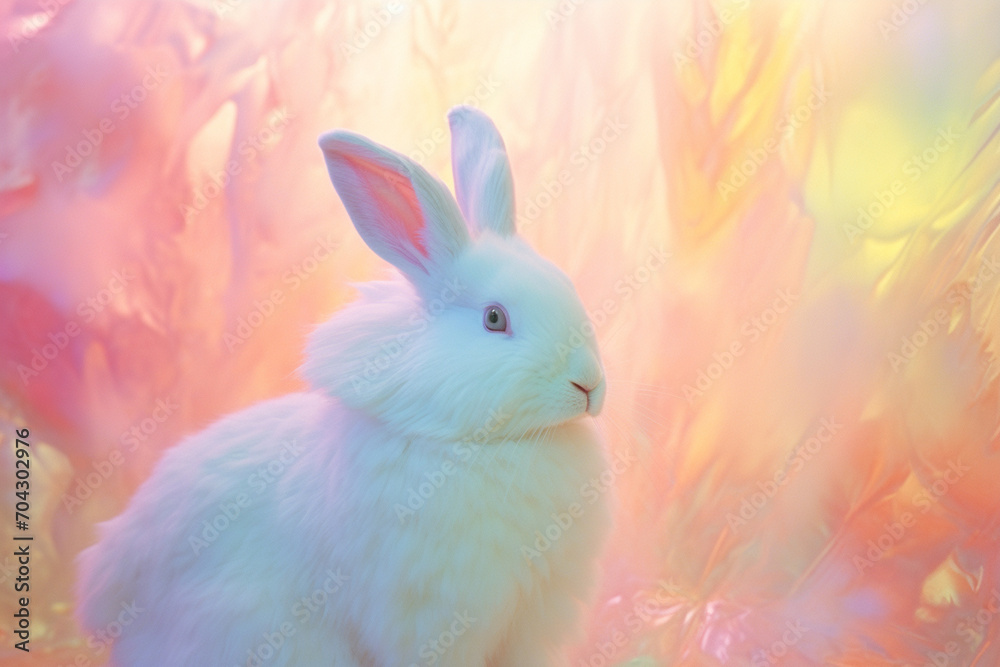 Poster a rabbit depicted with soft, fluffy shapes in a pastel abstract.