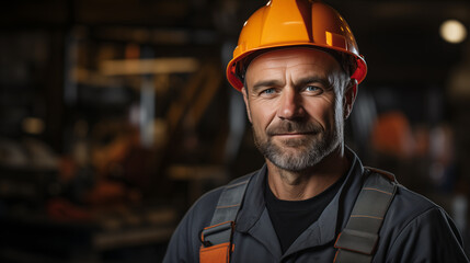 Portrait of a man builder in a helmet on the construction site, concept of civil engineering - obrazy, fototapety, plakaty