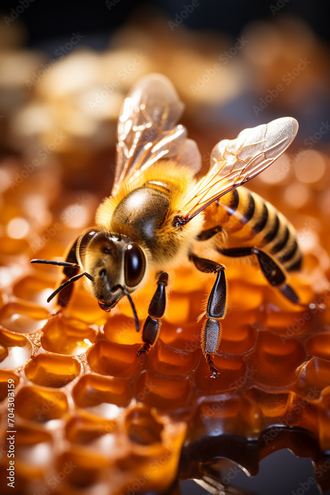 Poster a bee abstractly depicted with geometric shapes and honeycomb patterns.