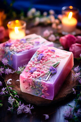 Obraz na płótnie Canvas Homemade soap with herbs, berries and fruits. Selective focus.