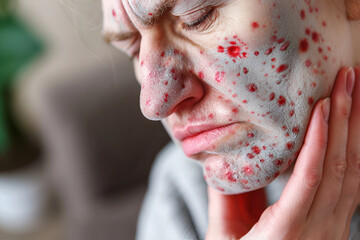 Large spots and pimples acne on the face. the face of an adult with chickenpox. a person with chickenpox, varicella zoster, varicella zoster virus. - obrazy, fototapety, plakaty