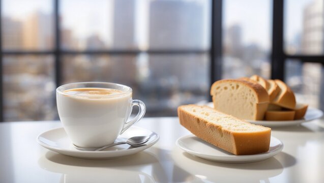 photo of a healthy breakfast of bread and a glass of milk made by AI generative