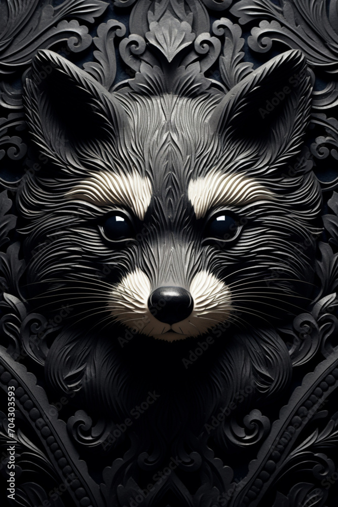 Poster a raccoon's face abstracted into mischievous black and grey patterns.