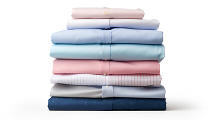 A stack of clean, neatly folded clothes. Stack of folded blue and pink shirts isolated on white background