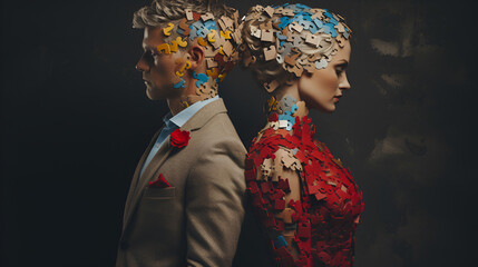 Intertwined male and female profiles made from puzzle pieces, symbolizing human connections. topics of psychological compatibility in love. Psychology of relationships and sexuality
